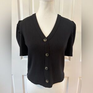 Loft Black V-Neck Short Puff Sleeves Knit Top Size M